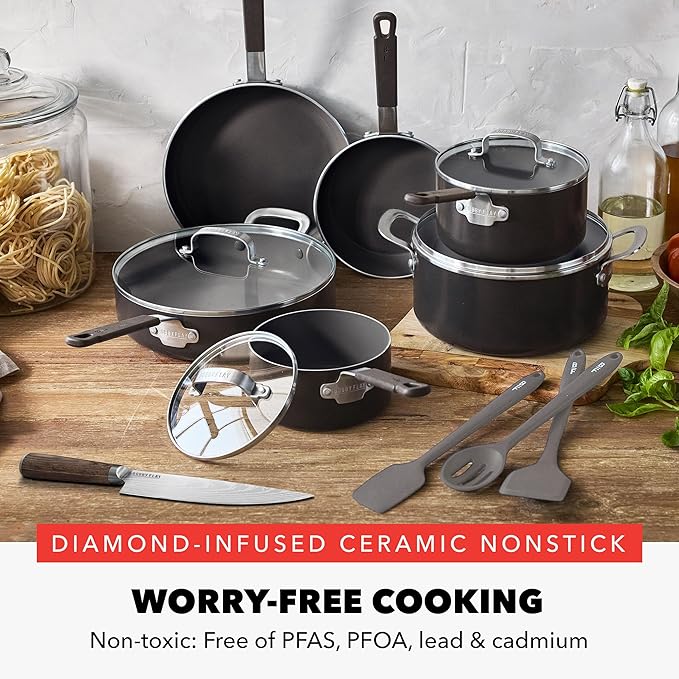 GreenPan x Bobby Flay 13 Piece Cookware Pots and Pans Set and 8" Chef's Knife. PFAS & PFOA-Free Ceramic Nonstick, Induction Suitable, Stay-Cool Silicone Handle, Dishwasher & Oven Safe, Black