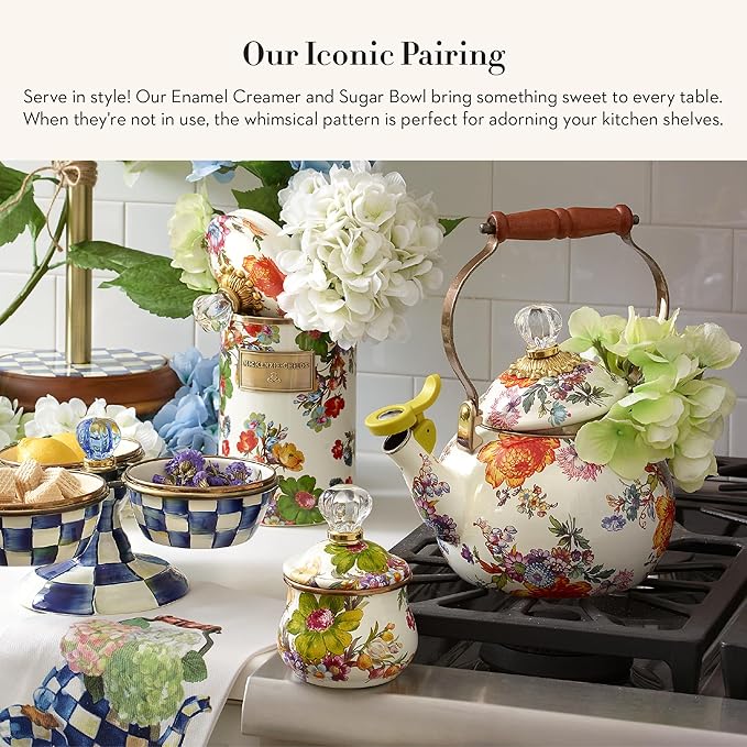 MACKENZIE-CHILDS Enamel Creamer and Sugar-Bowl Set, Cream Dispenser and Sugar Holder, Unique Kitchen Decor, White Flower Market