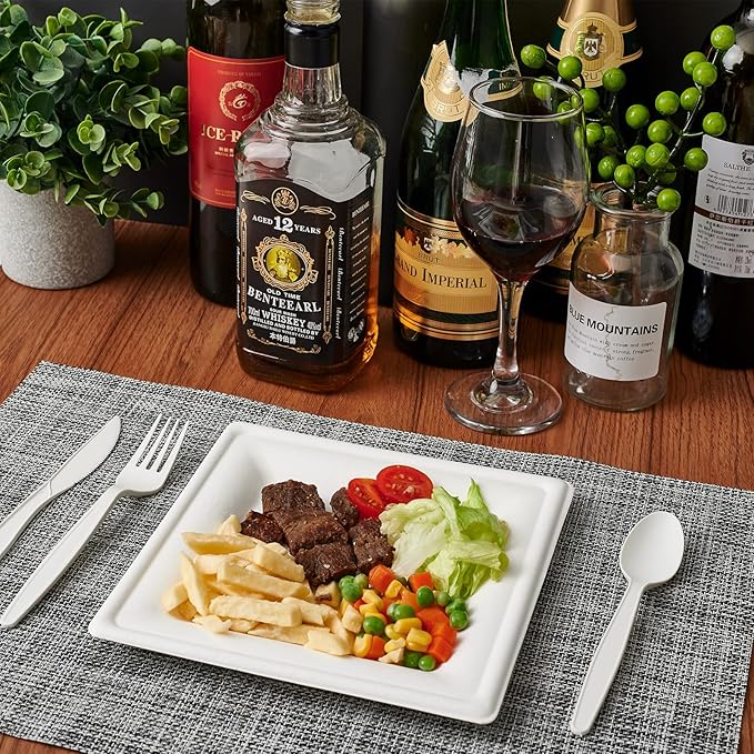 ECOLipak 120 Pack Compostable Paper Plates, 10 inch and 8 inch Heavy Duty Eco friendly Sugarcane Biodegradable Disposable Square Plates for Party Dinner Birthday