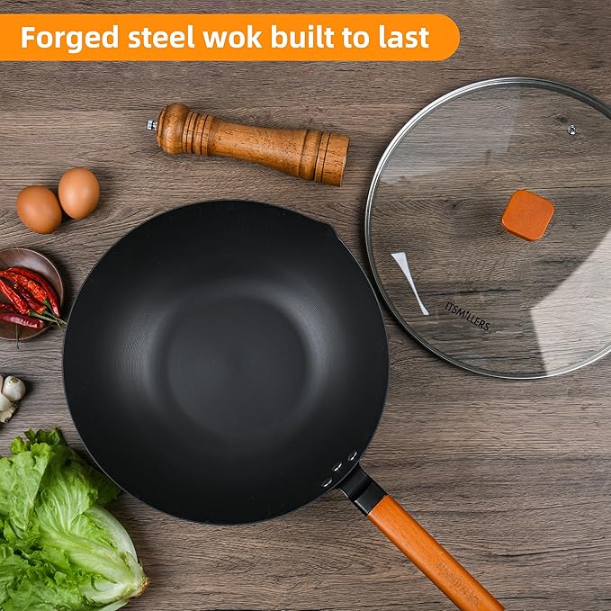 12.5-Inch Carbon Steel Wok with Lid – Pre-Seasoned Flat Bottom Stir-Fry Pan, Nonstick Wok for Induction, Gas, Electric & All Stovetops – Chinese Wok with Glass Lid