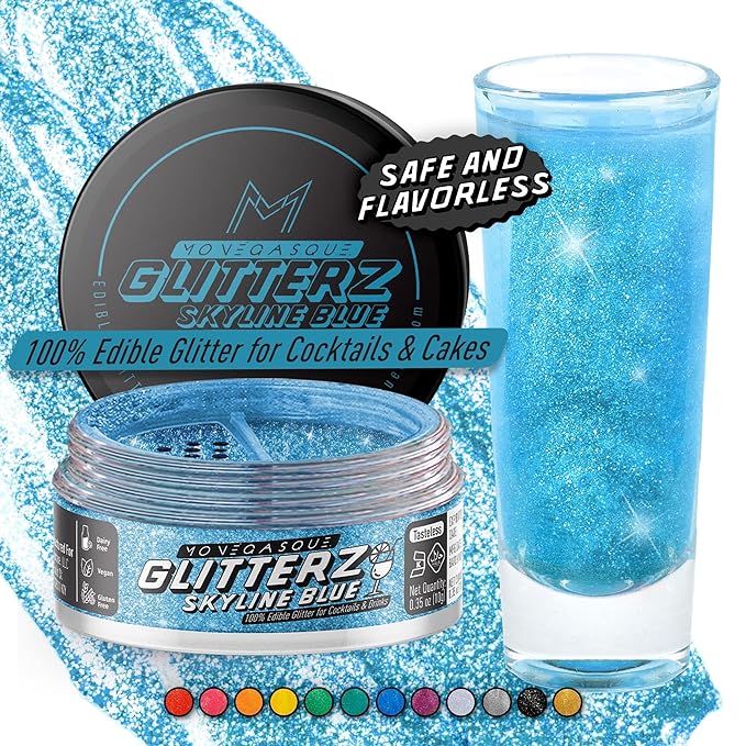 MONÉGASQUE Skyline Blue Edible Glitter for Drinks 10g – Blue Edible Glitter for Cakes & Halloween Cupcakes - Champagne, Beverage, & Cocktail Drink - Food Decorating Sprinkles & Cake Decorations Spray