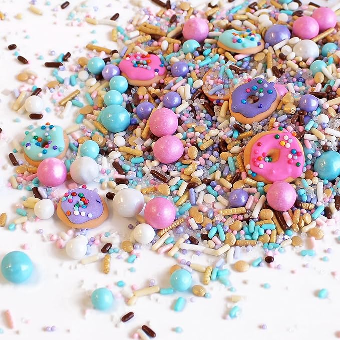 Sprinkle Pop Donut Sprinkle Mix| Lavender White Gold Pink Blue Sprinkle Mix with ~12 Sprinkled Donuts Royal Icings| Birthday Decorating Sprinkles Made in USA for Cupcakes Cakes Cookies Donuts, 4oz