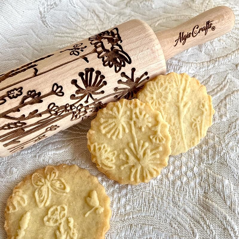 WILD 3 mini Embossed Rolling Pin Set with Bees, Meadow and Forest Patterns by Algis Crafts for Cookies and Pottery by Algis Crafts