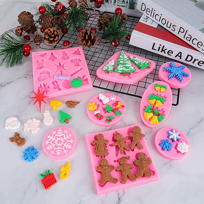 Christmas Silicone Molds Snowflake Molds Mini Xmas Fondant Chocolate Candy Cake Molds Christmas Snowman Tree Snowflake Holly Leaves Santa Claus Baking Molds for Xmas New Year Party Cake Decor