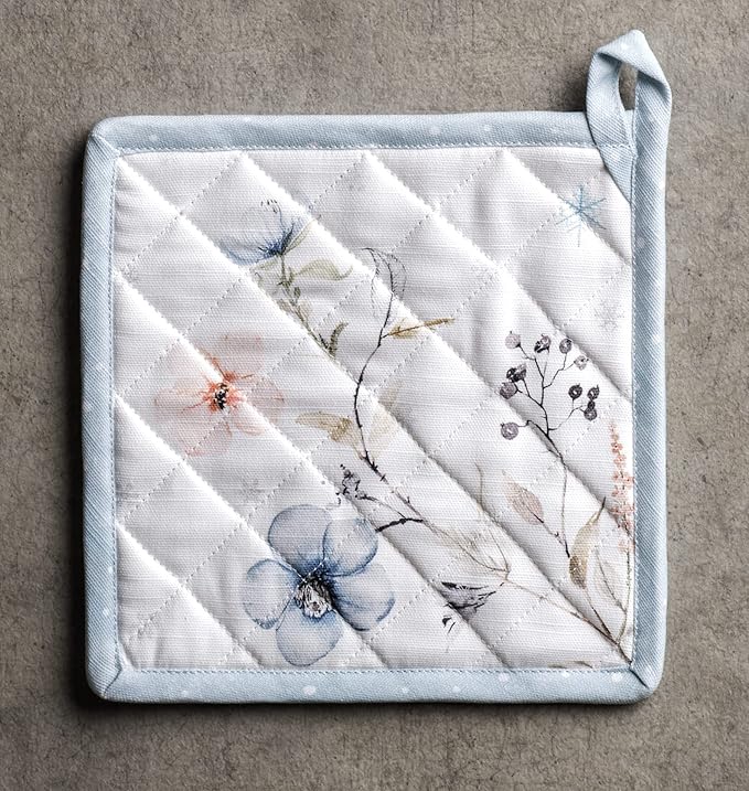 Maison d' Hermine Pot Holders 100% Cotton Heat Resistant Potholders 8" x 8" Hot Pads with Loop BBQ, Cooking, Baking, Grilling, Kitchen, Handling Hot Pans (Pack of 1, Ice Florals)