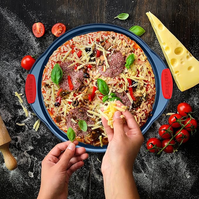 NutriChef 10-Piece Nonstick Bakeware Set - Premium Carbon Steel Baking Pans w/Silicone Handles - Includes Pizza Tray, 12 & 24 Cup Muffin Pans, Cookie Sheets, Round & Square Pans, Loaf Pan - Blue