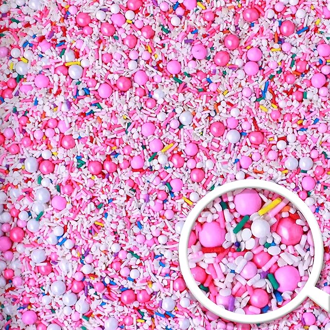 Sprinkle Pop A Frosted Affair Sprinkles Mix| Pink White Sprinkles with Rainbow Pops| Decorating Sprinkles Made in USA for Girl Baby shower Gender Reveal Birthday Cake Cupcakes Donuts Cookies, 2oz