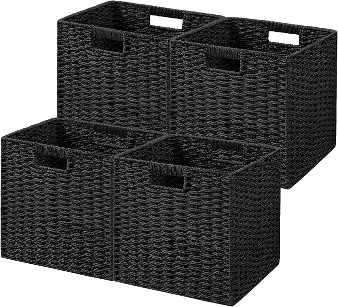 UBBCARE 4 Pack Wicker Basket, 11L×11H×10.5W inch Woven Paper Rope Storage Baskets for shelves, Foldable Cube Storage bin with Handle, Storage Basket for Organizing & Decor, Black