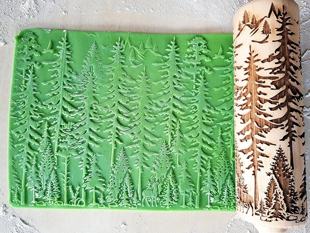 FOREST embossing rolling pin. Engraved wooden embossed dough roller for embossed cookies or clay by Algis Crafts