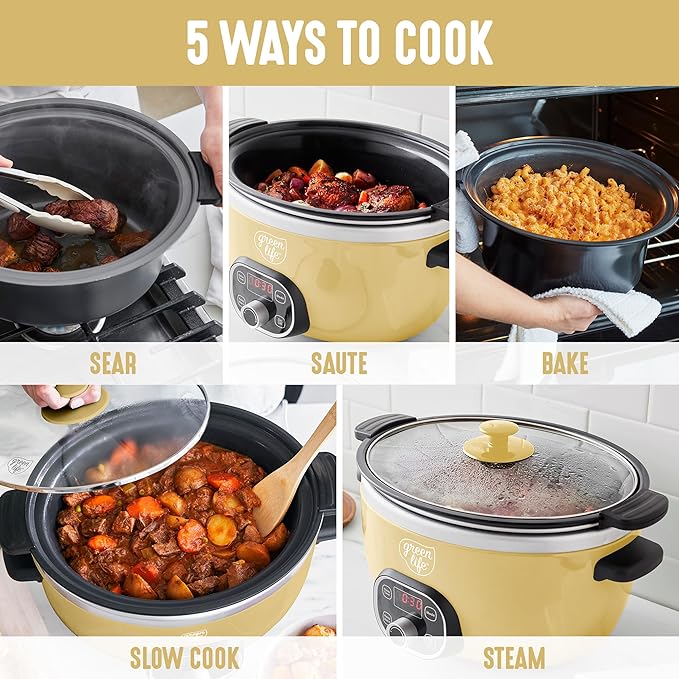 GreenLife 6QT Slow Cooker, Non-Toxic PFAS-Free Ceramic Nonstick Removable Interior Bowl, Programmable, Family Friendly, Keep Warm, Stovetop & Oven Safe, Dishwasher Safe Parts, Timer, Glass Lid, Yellow