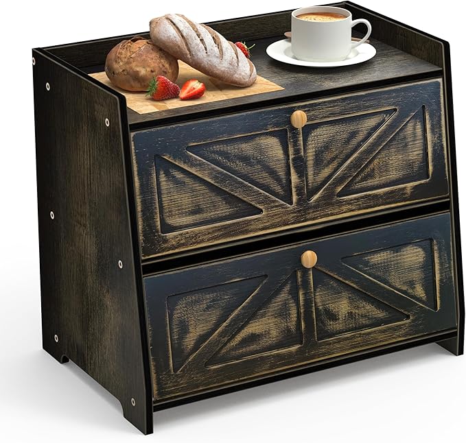 Vintage Double Layer Bread Box for Kitchen Counter Bamboo Bread Storage Container Large Capacity Bread Storage Bin (Antique Black)