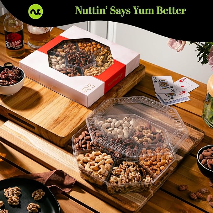 NUT CRAVINGS - Mixed Nuts Gift Basket in Red Gold Box (7 Assortments, 2 LB) Food Arrangement, Healthy Snack Care Package, Food Assortments