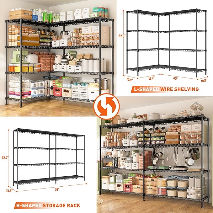 REIBII 70"W Metal Shelving, Storage Shelves 4-tier Wire Shelving Unit Load 1240LBS Metal Shelves for Storage Adjustable Shelving Rack for Pantry Kitchen Commercial school Garage 70"W*15.8"D*62.9"H