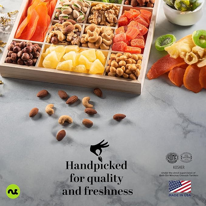 NUT CRAVINGS Gourmet Collection - Happy Birthday Treats, Dried Fruit & Mixed Nuts Gift Basket with Bday Ribbon in Reusable Wooden Tray (12 Assortments) Food Arrangement, Healthy Snack, Food Assortments