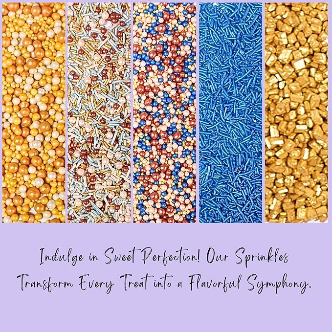 Confect Cake Decorating Sprinkles |Edible Pearl Sprinkles | Mix Gold White Blue & Yellow Pearl Dragees | Blue Jimmies | Gold Sparkling Sugar | Glam Sprinkles | Vegan, Gluten-Free, Nut-Free, Soy-Free, Dairy-Free, Palm Oil-Free - 5 Oz