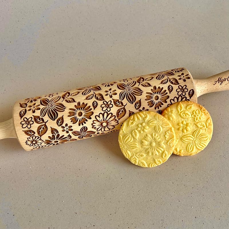 FLOWER MIX Embossing Rolling Pin with Flowers Pattern. Dough and Clay Roller for Embossed Cookies and Pottery. Cookie and Ceramic Stamp. Backing Gifts for Women by Algis Crafts