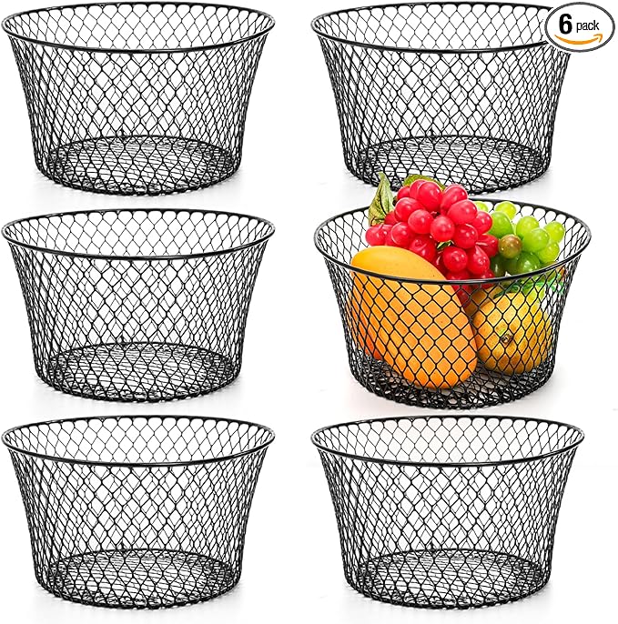 6 Pack Metal Wire Baskets for Kitchen Storage, Modern Black Countertop Fruit Bowl, Round Produce Organizer, Multi-Purpose for Fruits, Snacks, Breads