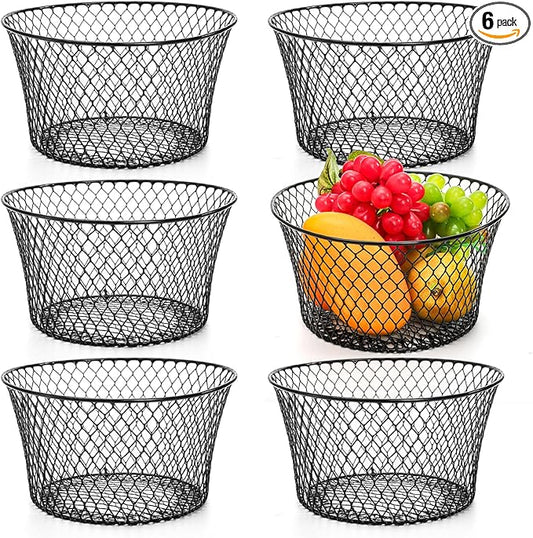6 Pack Metal Wire Baskets for Kitchen Storage, Modern Black Countertop Fruit Bowl, Round Produce Organizer, Multi-Purpose for Fruits, Snacks, Breads