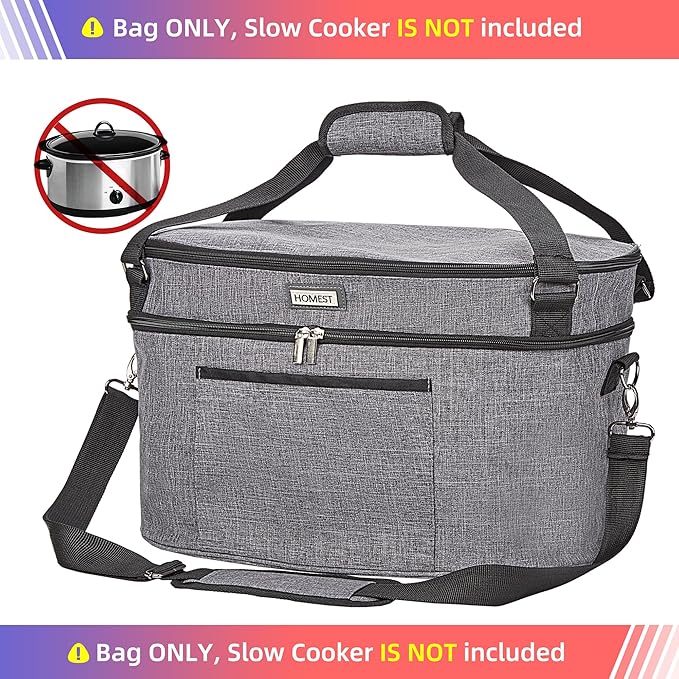 HOMEST Slow Cooker Bag for Crock-Pot 6-8 Quart, Insulated Travel Carrier with Easy to Clean Lining, Carry Case with Top Zip Compartment and Accessory Pocket
