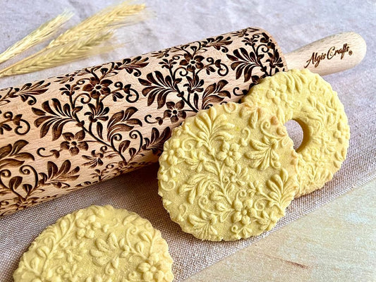 Embossing Rolling Pin FLORAL WREATH with Flowers Pattern. Dough and Clay Roller for Embossed Cookies and Pottery. Cookie and Ceramic Stamp. Backing Gifts for Women by Algis Crafts