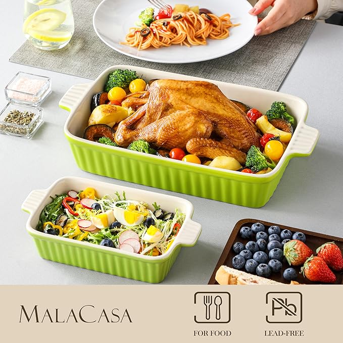 MALACASA Bakeware Set of 4, Porcelain Baking Pans Set for Oven, Casserole Dish, Ceramic Rectangular Baking Dish Lasagna Pans for Cooking Cake Kitchen, Green (9.4"/11.1"/12.2"/14.7"), Series BAKE.BAKE