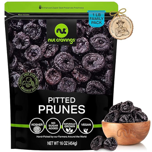NUT CRAVINGS - Dried Prunes Pitted Unsweetened, Dry Plums No Sugar Added (16oz, 1 LB) Bulk Dry Fruits Packed Fresh in Resealable Bag - Sweet Healthy Snack, Naturally Grown, Vegan, Kosher