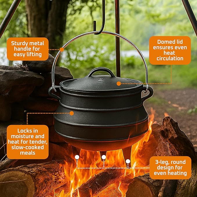 Bruntmor Pre-Seasoned Cast Iron Cauldron - 6 Quart African Potjie Pot with Lid - 3-Legged Dutch Oven for Camping and Over-the-Fire Cooking - Durable Outdoor Cookware for Stews, Chili, and Slow Cooking