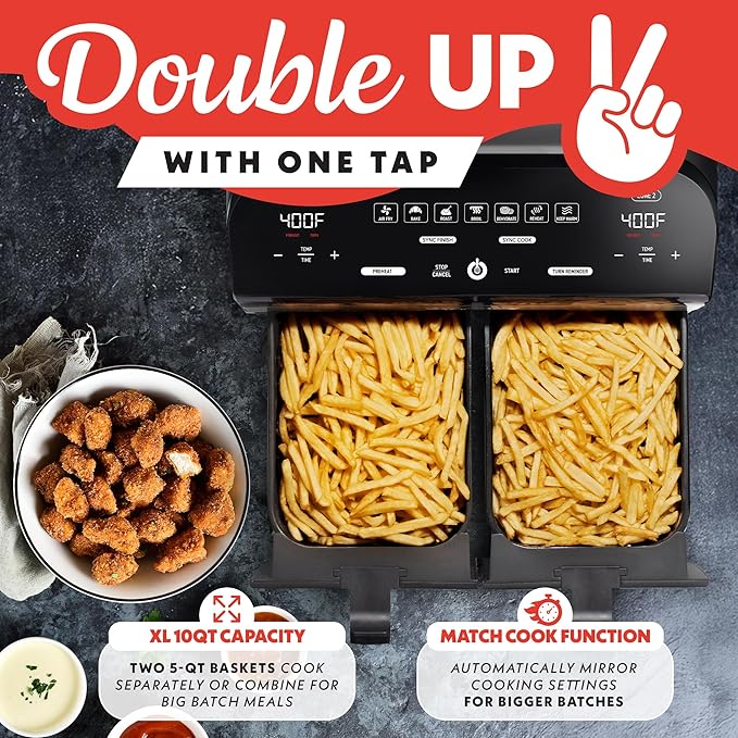 Gourmia Dual Basket Digital Air Fryer – 10 QT, FryForce 360° Technology, 7 Presets, Match Cook & Smart Finish, PTOA-Free Baskets & Crisper Trays, 1600W, Black