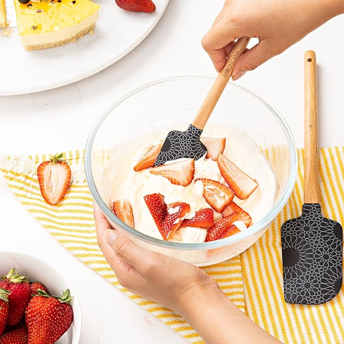 Silicone Spatula set of 2 with wooden handle and stunning pattern (Red)