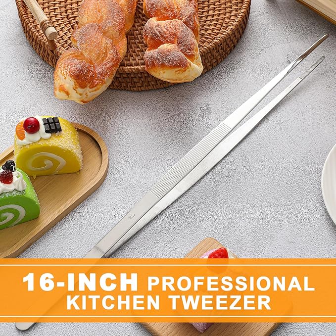 Yaomiao 4 Packs 16 Inch Bar Tweezers Silver Long Garnish Tongs Stainless Steel Kitchen Cooking Tongs Tweezers for Food Cocktail Korean BBQ Bartender Chef, Multi-use