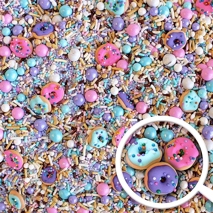 Sprinkle Pop Donut Sprinkle Mix| Lavender White Gold Pink Blue Sprinkle Mix with ~6 Sprinkled Donuts Royal Icings| Birthday Decorating Sprinkles Made in USA for Cupcakes Cakes Cookies Donuts, 2oz