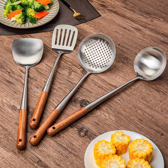 FJNATINH 17inch Wok Spatula and Ladle, Skimmer Spoon, Slotted Turner Spatula Set 304 Stainless Steel Kitchen Utensils Sets, 4-Pieces Cooking Utensils Tools Wok Accessories