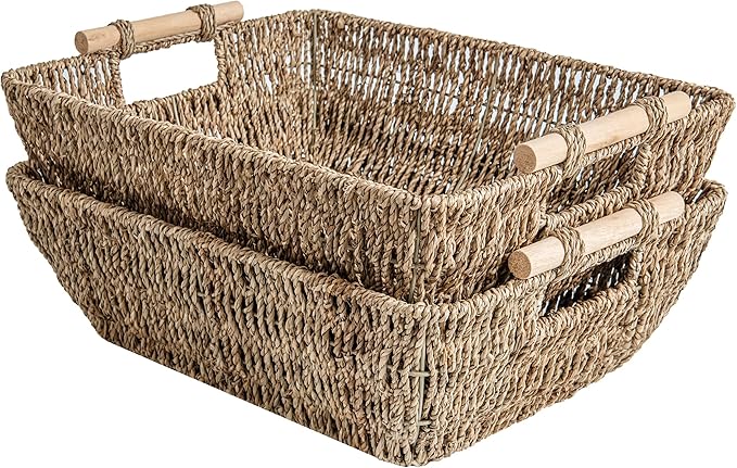 StorageWorks Hand-Woven Jumbo Storage Baskets with Wooden Handles, Seagrass Wicker Baskets for Organizing, 2-Pack