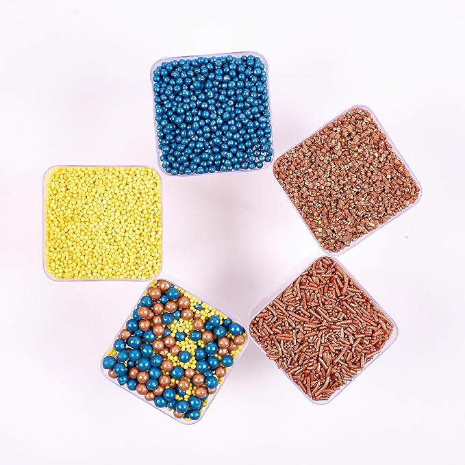 Sprinkles - Confect Sprinkles for Cakes & Cupcakes Decoration Assorted pack of 5 ?Graduation Day Mix Yellow, Copper & Navy Blue Pearl Dragees Copper Jimmies Bronze Sparkling Sugar | Vegan, Gluten-Free, Nut-Free, Soy-Free, Dairy-Free, Palm Oil-Free- 5 Oz