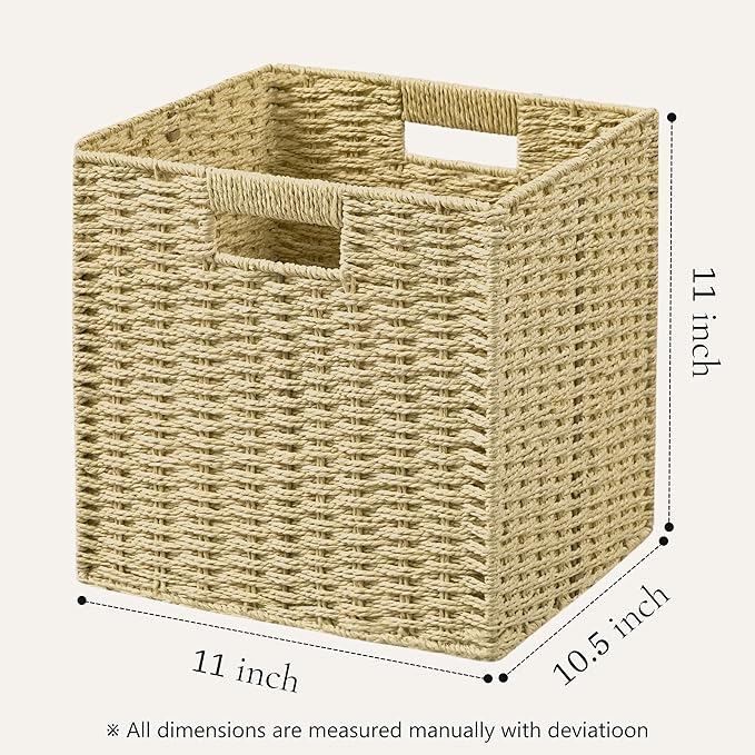 UBBCARE 3 Pack Wicker Basket, 11L×11H×10.5W inch Woven Paper Rope Storage Baskets for shelves, Foldable Cube Storage bin with Handle, Storage Basket for Organizing & Decor, Natural