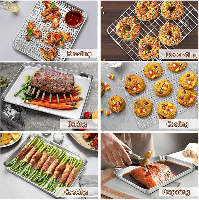 P&P CHEF 12.5 + 9 Inch Baking Sheet and Rack Set, Stainless Steel Cookie Sheets Oven Baking Pans Trays with Cooling Racks for Cooking & Roasting, Oven & Dishwasher Safe, (4Pcs)