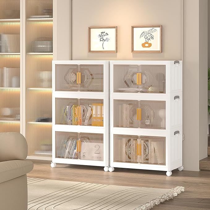 VECELO 19 Gal Stackable Storage Bins with Lid, 3 Pack Plastic Collapsible Storage Cabinet, Foldable Folding Box Organizer/Storage Container Cart with Wheel and Double Door for Home Office, White