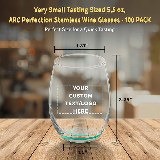 Custom Stemless Wine Glasses by ARC 5.5 oz. Set of 100, Personalized Bulk Pack - Perfect for Hotel, Bar, Restaurant or Lounge - Green