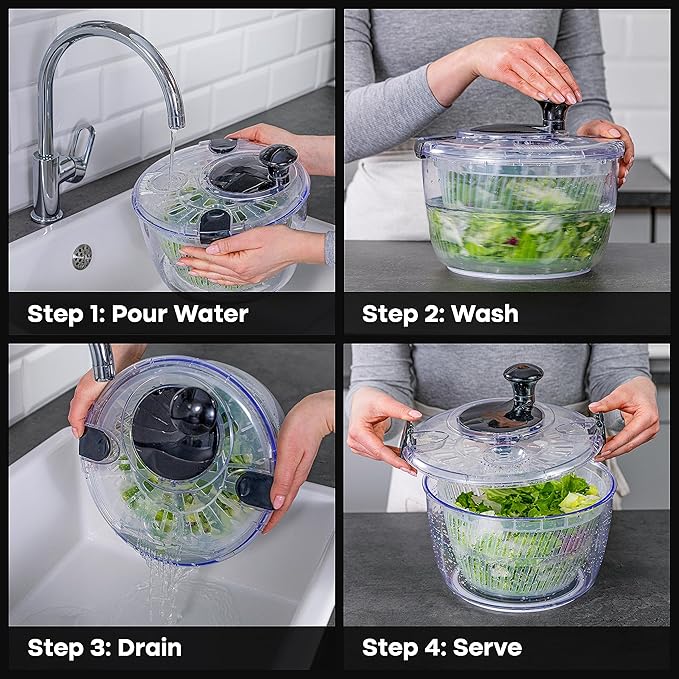 Joined Large Salad Spinner with Drain, Bowl, and Colander - Quick and Easy Multi-Use Lettuce Spinner, Vegetable Dryer, Fruit Washer, Pasta and Fries Spinner - 5.28 Qt