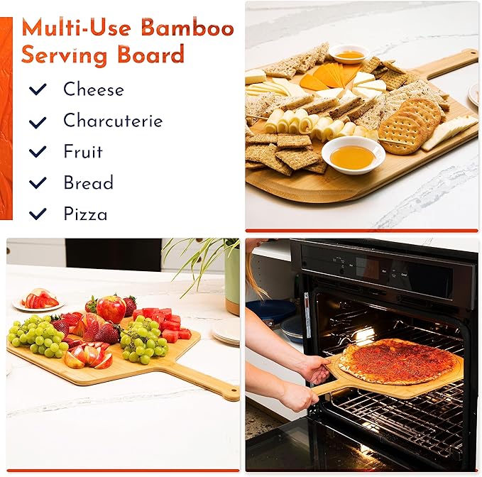 Loftern Wooden Pizza Peel 16 Inch Board with Engraved Sizes - Multi-Purpose Bamboo Pizza Cutting Board, Wood Pizza Peel, Pizza Spatula Paddle, and Serving Board with Size and Cutting Guide