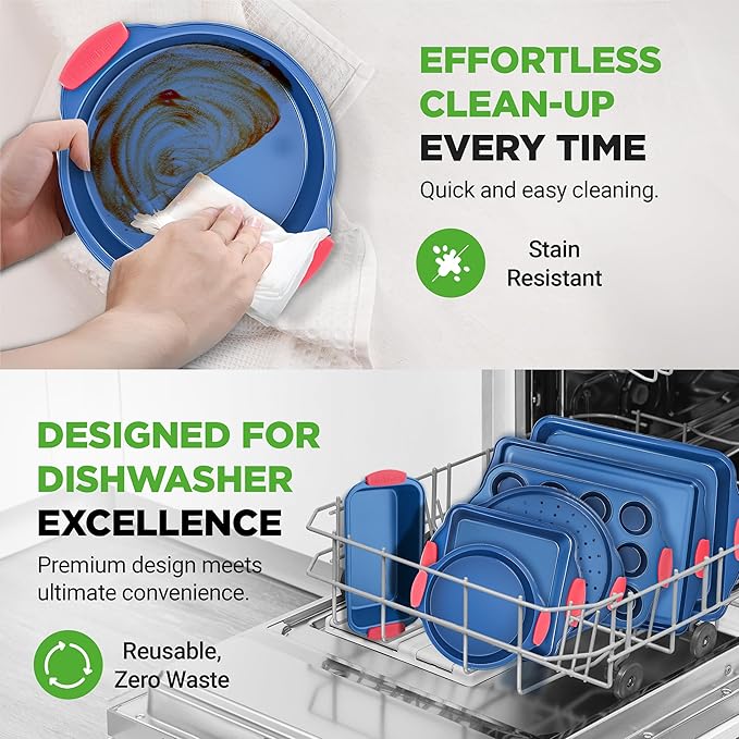 NutriChef 8-Piece Nonstick Baking Pan Set - Premium Carbon Steel Bakeware w/ Silicone Handles - Includes Pizza Tray, Loaf Pan, 12-Cup Muffin Pan, Round/Square Pans, & Cookie Sheet - Blue