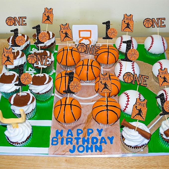 24Pcs Basketball One Cupcake Toppers Glitter Number 1 First Birthday Basketball Cupcake Picks for Sports Theme Baby Shower Kids 1st Birthday Party Cake Decorations Supplies