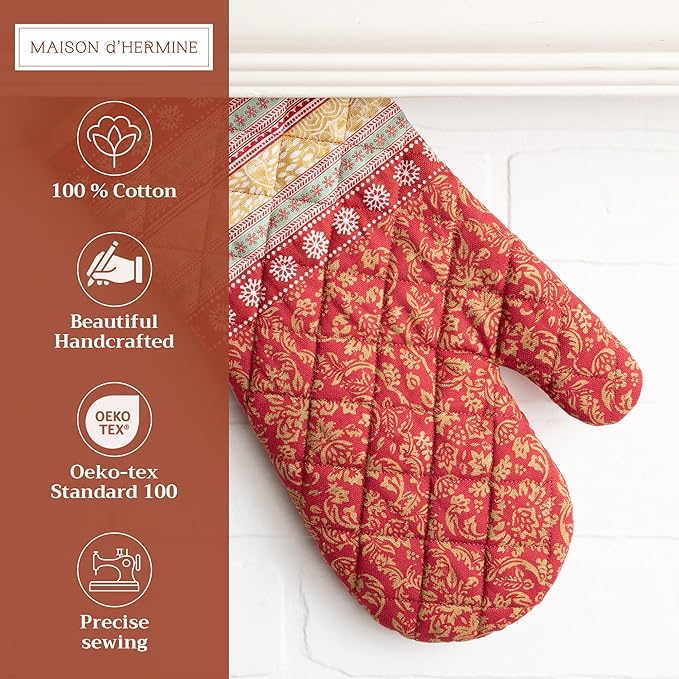 Maison d' Hermine Oven Gloves 100% Cotton Oven Mitt 7" x 13" with Loop Heat Resistant, BBQ, Cooking Gloves, Baking, Grilling, Kitchen, Handling Hot Pans (Pack of 1, Sofia)