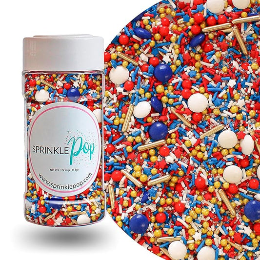 Sprinkle Pop Old Glory Sprinkle Mix| Red White Blue Sprinkles with Gold Metallics| Decorating Patriotic Sprinkles Made in USA for 4th of July Independence Day Cakes Cupcakes Donuts Cookies, 4oz