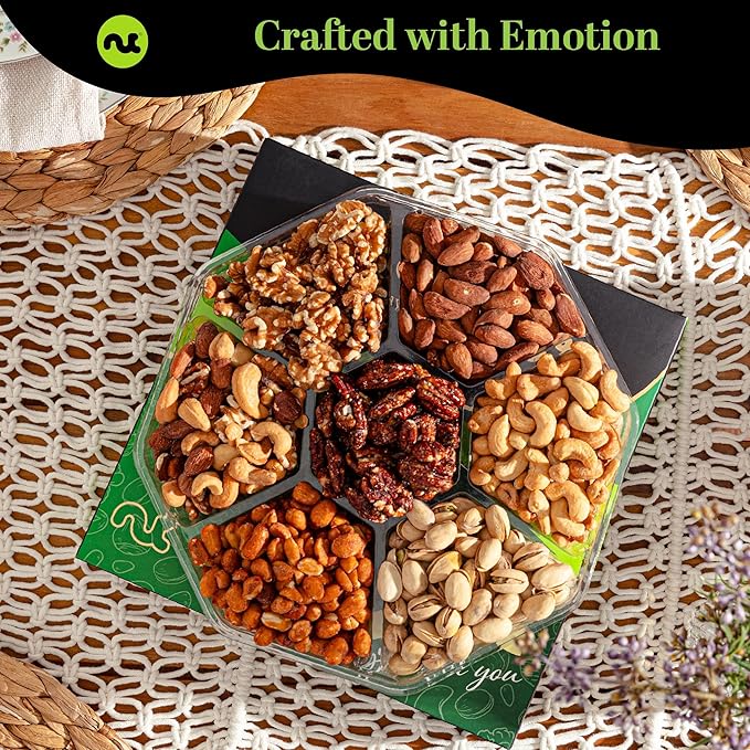 NUT CRAVINGS - Mixed Nuts Gift Basket in Green Gold Box (7 Assortments, 1 LB) Food Arrangement, Healthy Snack Care Package, Food Assortments