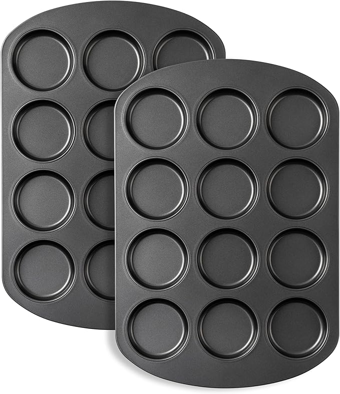 Tiawudi Muffin Top Pan, 12 Cavity Cupcake Pan, 3 Inch Nonstick Bakeware for Eggs, Cornbread, Cookies, Whoopie Pies and Yorkshire Pudding, Set of 2
