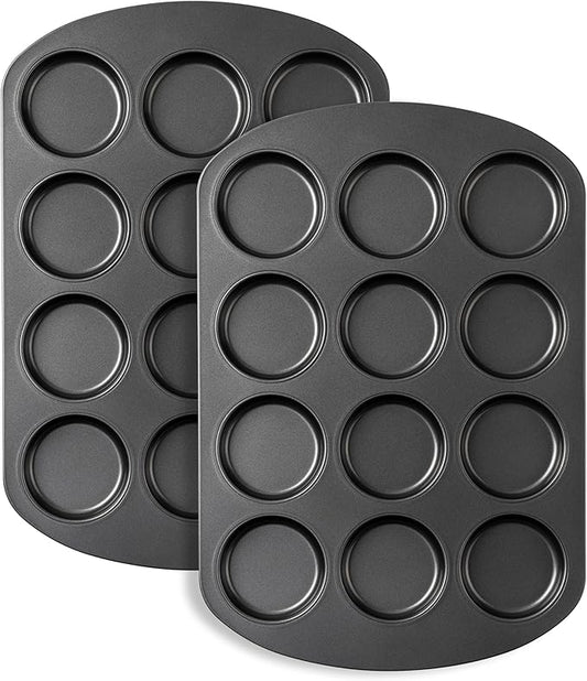 Tiawudi Muffin Top Pan, 12 Cavity Cupcake Pan, 3 Inch Nonstick Bakeware for Eggs, Cornbread, Cookies, Whoopie Pies and Yorkshire Pudding, Set of 2