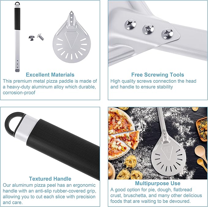 Pizza Turning Peel 8-Inch – Lightweight Aluminum Paddle with Rubber-Coated Aluminum Handle, Ergonomic Design, Ideal for Indoor & Outdoor Pizza Ovens