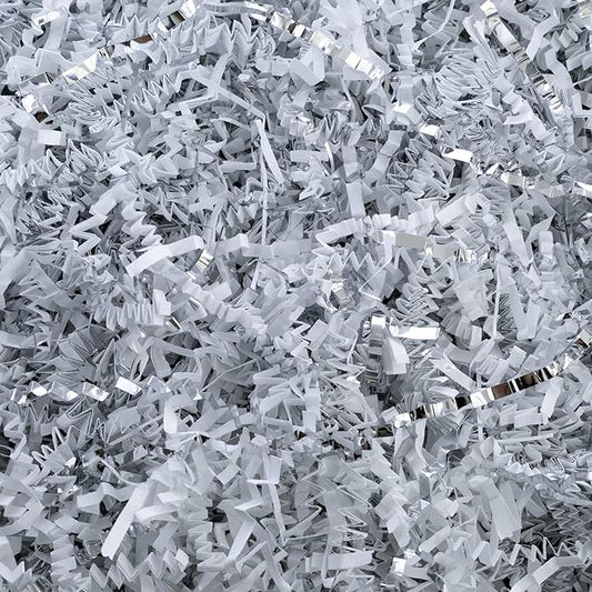 MagicWater Crinkle Cut Paper for Gift Baskets - 2LB - White & Silver - Perfect for Shredded Paper Filler, Basket Filler, Gift Boxes, Bridesmaid Gifts, Halloween Stuffers & More – for All Occasions