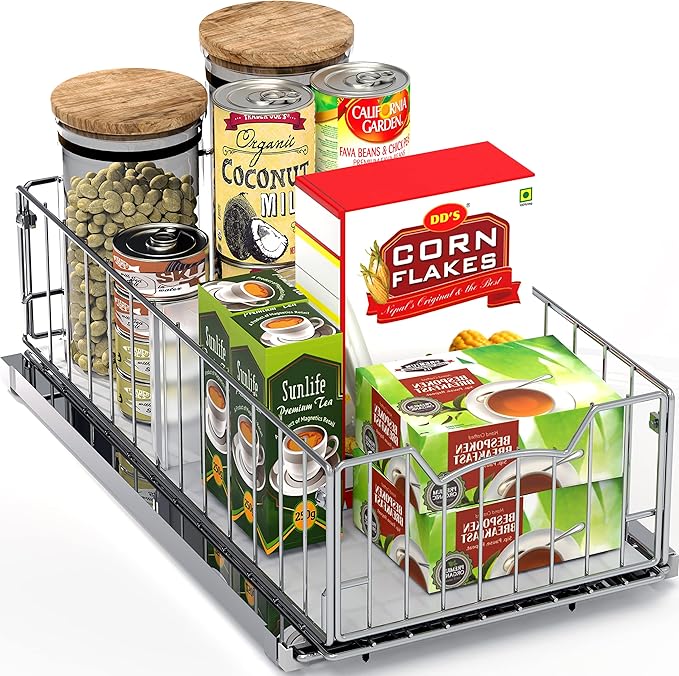 Simple Houseware Pull-Out Cabinet Sliding Basket Organizer, 17.2" D x 9.7" W x 5" H – Chrome Finished, Ideal for Kitchen and Bathroom Cabinet Storage, Under Sink or Pantry Organization